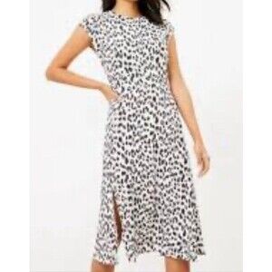 Loft Women Flutter Cap Sleeve Midi Dress White Leopard Print Sz 10 ZipBack Lined